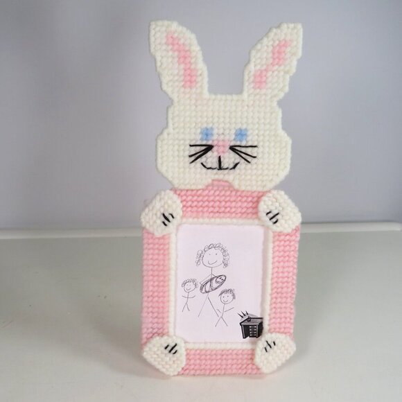 Vintage Pink Rabbit Plastic Canvas Picture Frame Baby Girl Easter Bunny Nursery - Picture 1 of 6